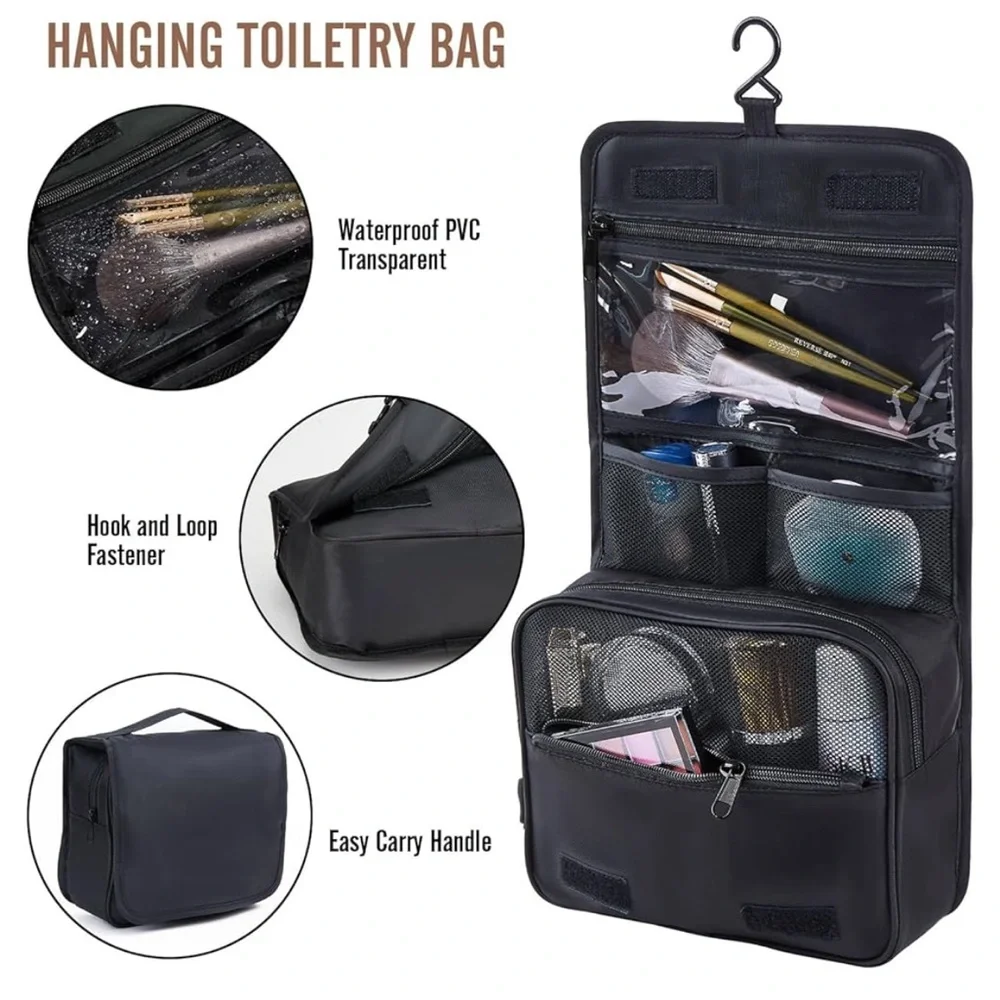 Black Makeup Organizer Set with Packing Cubes and Hanging Toiletry Bag